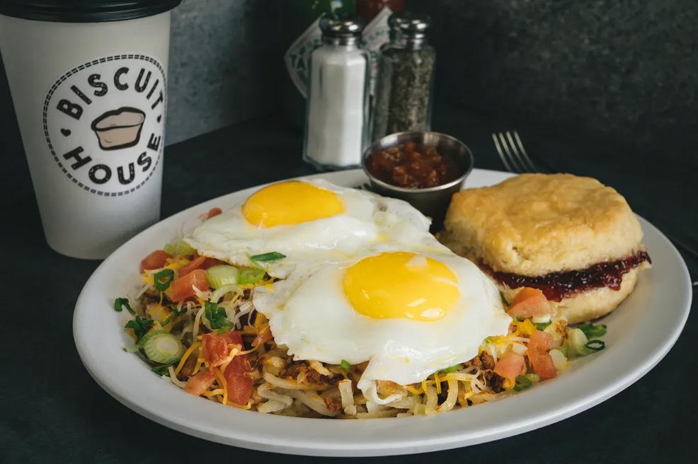 Plate of eggs, hash, and biscuit at Biscuit House.